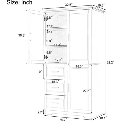 Tall and Wide Storage Cabinet with Doors for Bathroom/Office, Three Drawers, Grey