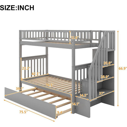 Twin over Twin Bunk Bed with Trundle and Storage, Gray