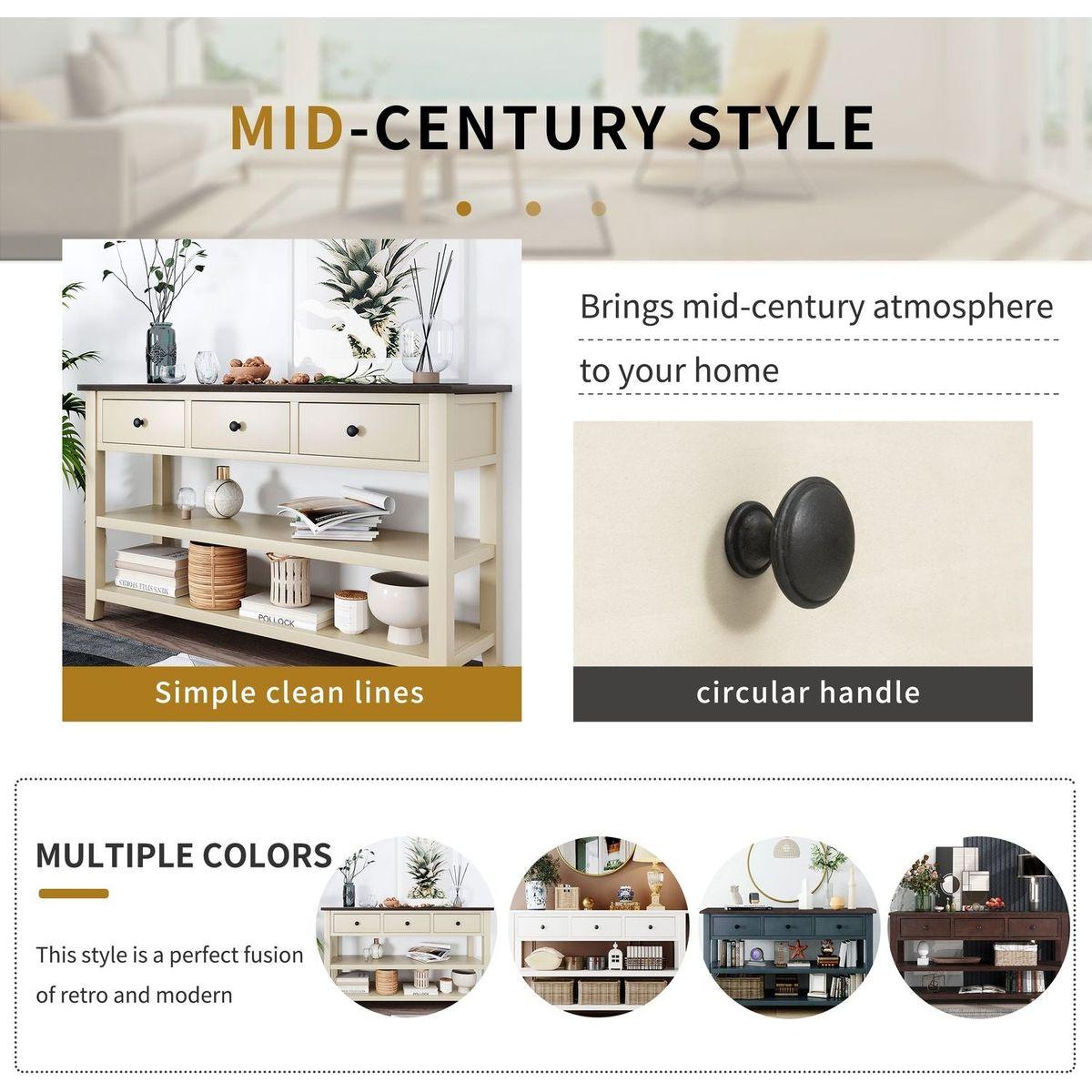 Retro Design Console Table with Two Open Shelves, Pine Solid Wood Frame and Legs for Living Room (Espresso+Beige)