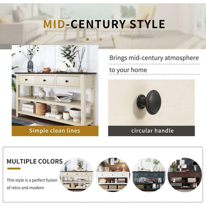 Retro Design Console Table with Two Open Shelves, Pine Solid Wood Frame and Legs for Living Room (Espresso+Beige)