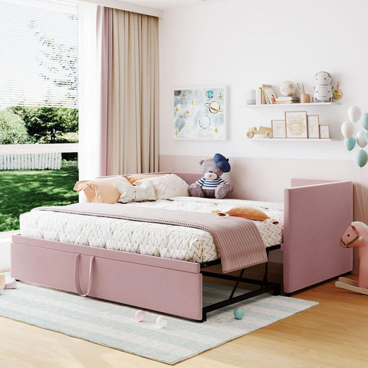 Twin Size Upholstered daybed with Extendable Trundle, Pink - Streamdale Furniture