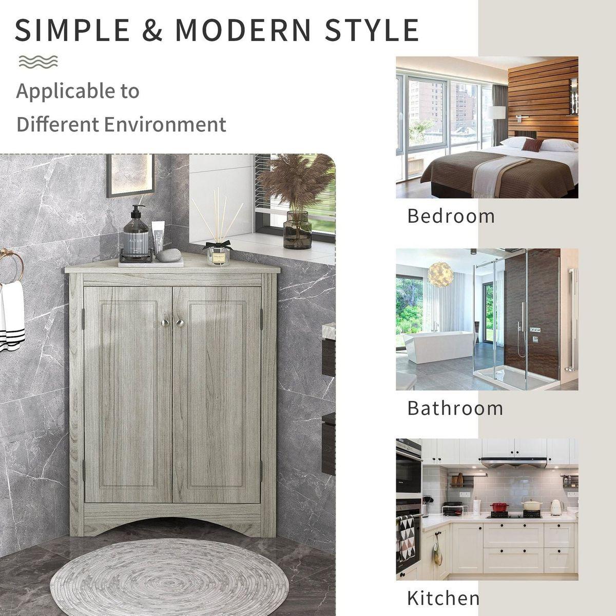 Oak Triangle Bathroom Storage Cabinet with Adjustable Shelves, Freestanding Floor Cabinet for Home Kitchen