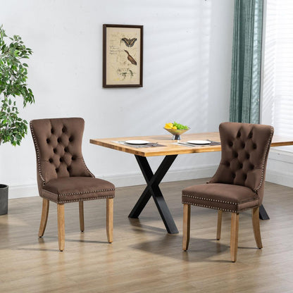 Upholstered Button Tufted Back Brown Velvet Dining Chair with Nailhead Trim and Brushed Solid Wood Legs 2 Sets