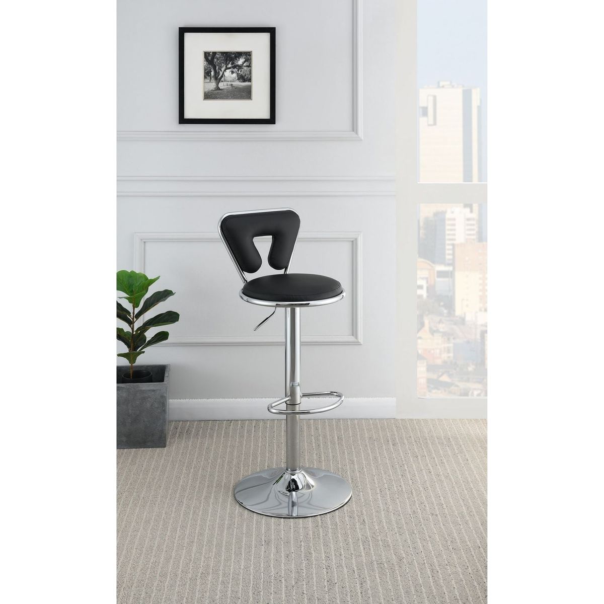 Adjustable Bar stool Gas lift Chair Black Faux Leather Chrome Base metal frame Modern Stylish Set of 2 Chairs