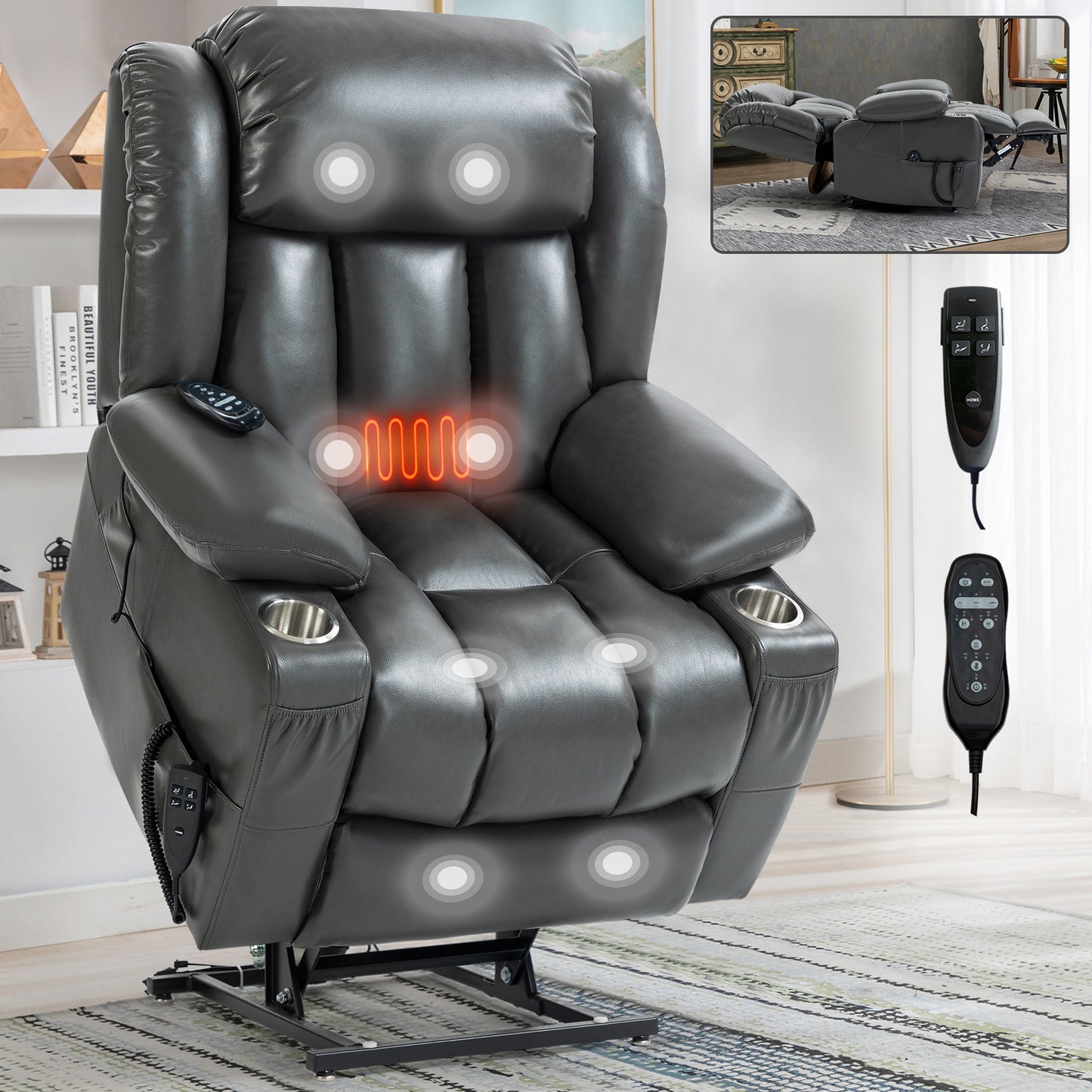 Dual Motor Infinite Position Up to 350 LBS Leatheraire Power Lift Recliner Chair, Heavy Duty Motion Mechanism with 8-Point Vibration Massage and Lumbar Heating, Stainless steel Cup Holders, Grey