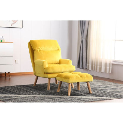 Soft Comfortable 1pc Accent Click Clack Chair with Ottoman Yellow Fabric Upholstered Oak Finish Legs Living Room Furniture