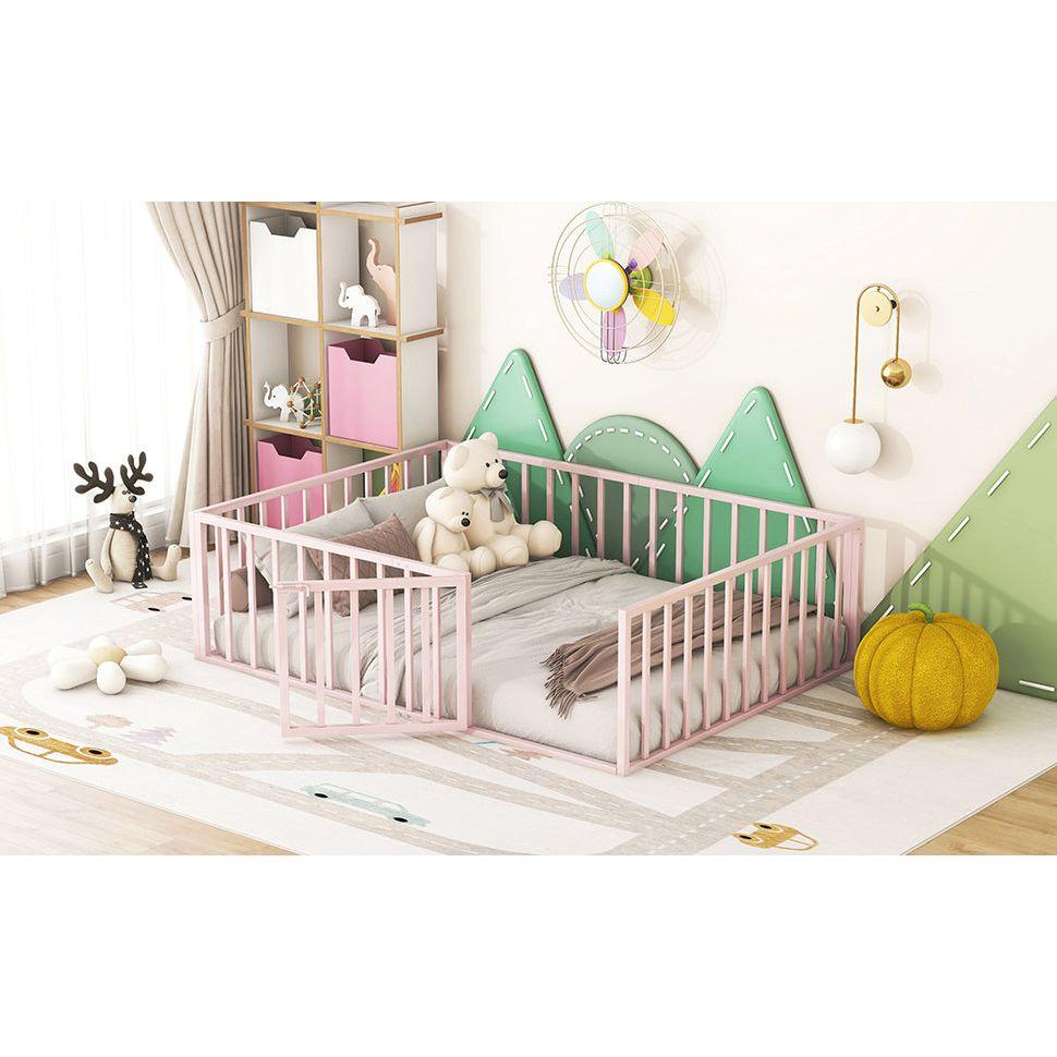 Full Size Metal Floor Bed Frame with Fence and Door, Pink