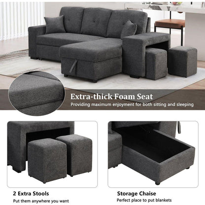 Reversible Sleeper Sectional Sofa Bed with Side Shelf and 2 Stools, Pull-Out L-Shaped Sofa Bed, Corner Sofa-Bed with Storage Chaise Left/Right Hande for Living Room, Blue Black