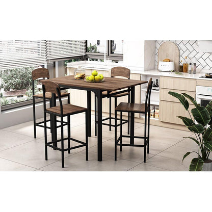 Farmhouse 5-piece Counter Height Drop Leaf Dining Table Set with Dining Chairs for 4, Black Frame+Brown Tabletop