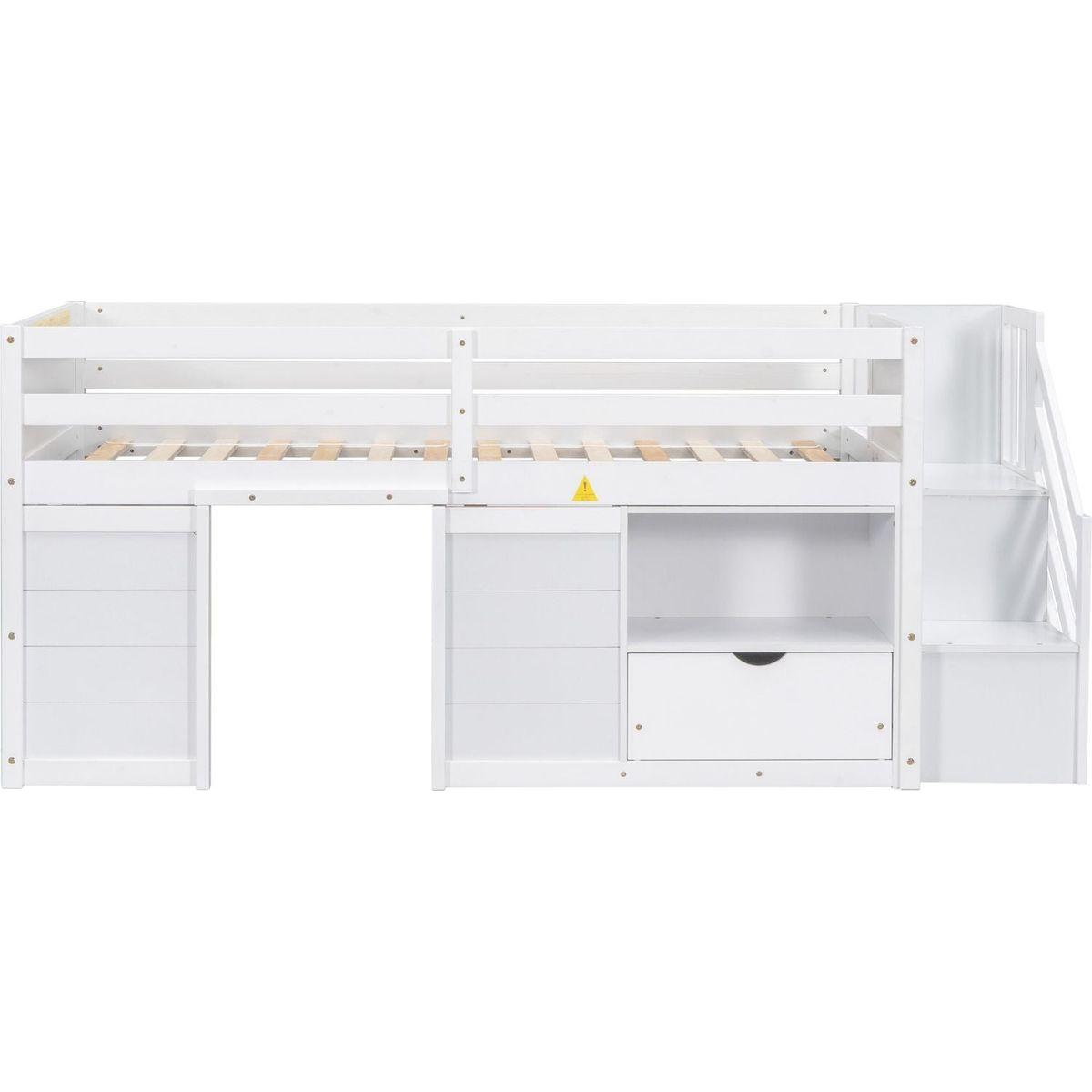 TWIN BED, SOLID WOOD TWIN SIZE LOW LOFT BED WITH STAIR, DRAWER, AND SHELF OF WHITE COLOR