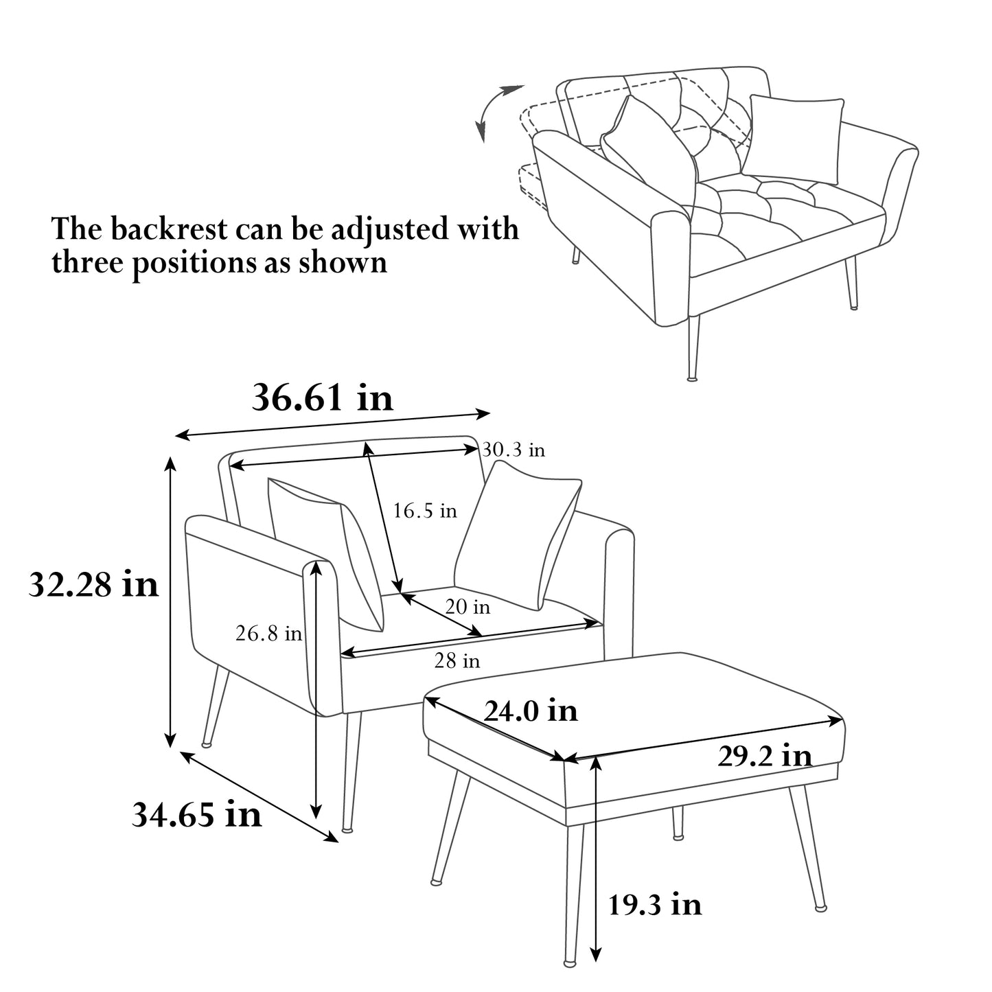 36.61" Wide Modern Accent Chair With 3 Positions Adjustable Backrest, Tufted Chaise Lounge Chair, Single Recliner Armchair With Ottoman And Gold Legs For Living Room, Bedroom (Ivory)