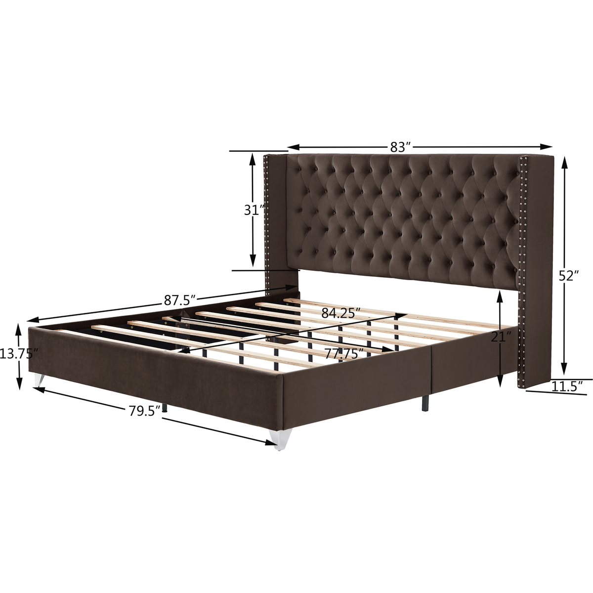 King bed with two nightstands, Button designed Headboard, strong wooden slats + metal legs with Electroplate