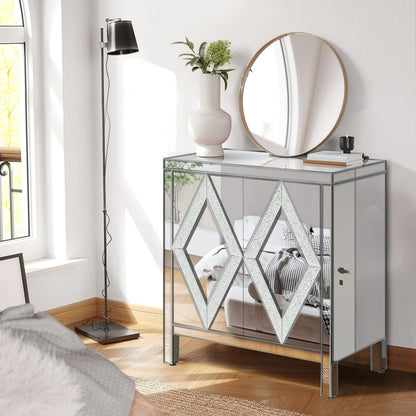 Storage Cabinet with Mirror Trim and Diamond Shape Design, Silver, for Living Room, Dining Room, Entryway, Kitchen