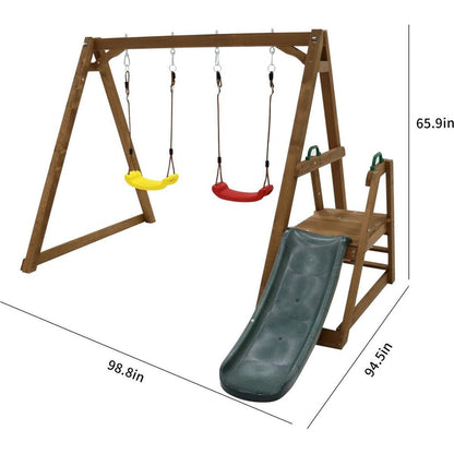 Wood Swing Set for Backyard, 2 in 1 Outdoor Swing Set with Slide, Climbing Rope Ladder Kids Backyard Playset