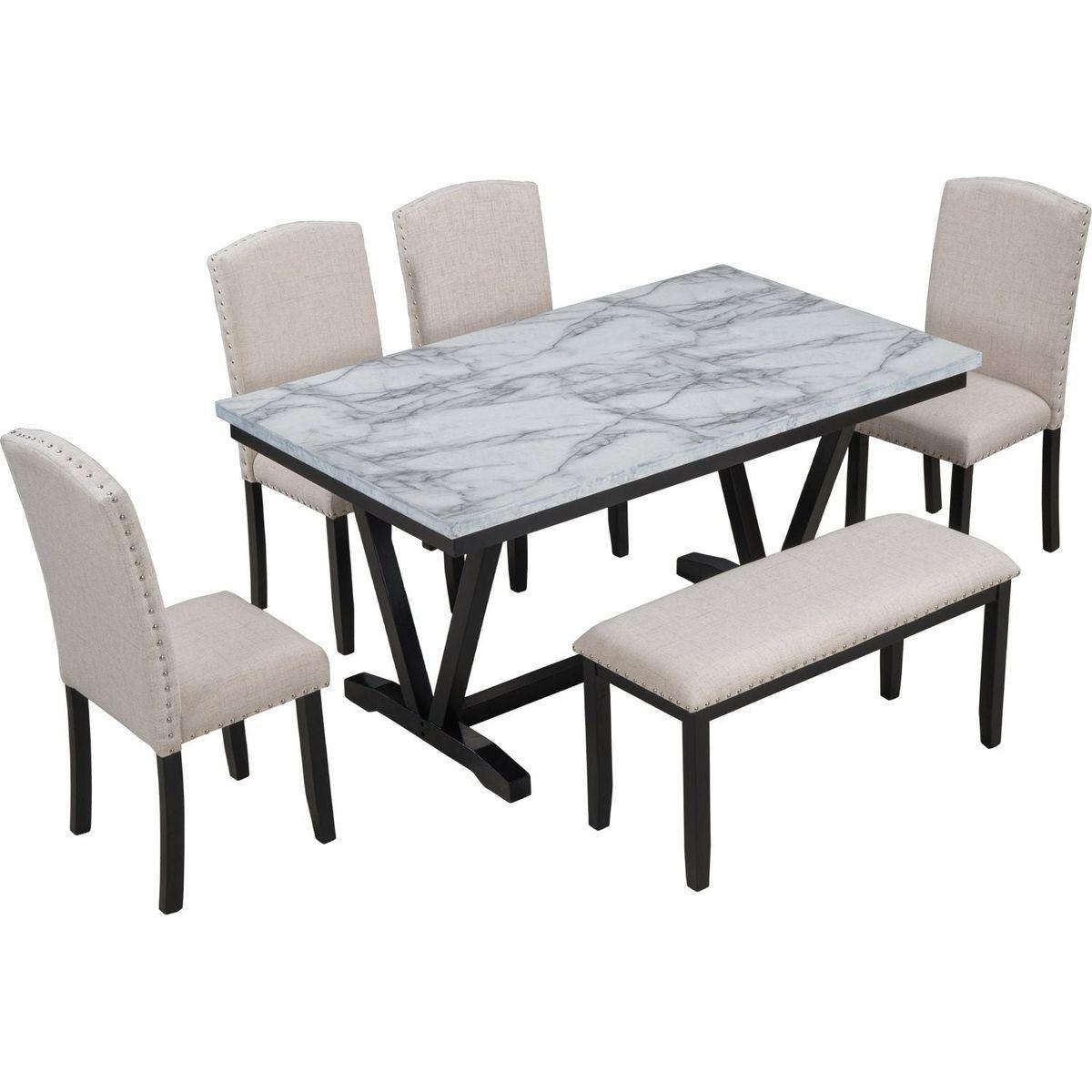 Modern Style 6-piece Dining Table with 4 Chairs & 1 Bench, Table with Marbled Veneers Tabletop and V-shaped Table Legs (White)