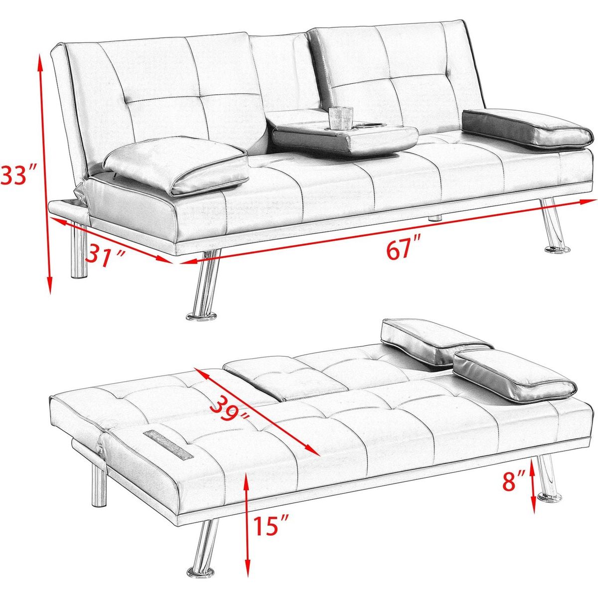 67" Red Leather Multifunctional Double Folding Sofa Bed for Office with Coffee Table