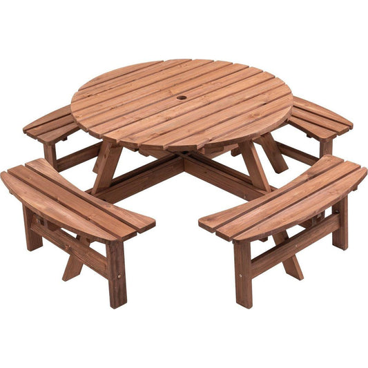 8 Person Wooden Picnic Table, Outdoor Camping Dining Table with Seat, Garden, DIY w/ 4 Built-in Benches, 2220lb Capacity