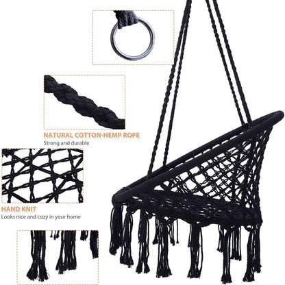 Black Swing, Hammock Chair Macrame Swing, Max 330 Lbs Hanging Cotton Rope Hammock Swing Chair for Indoor and Outdoor