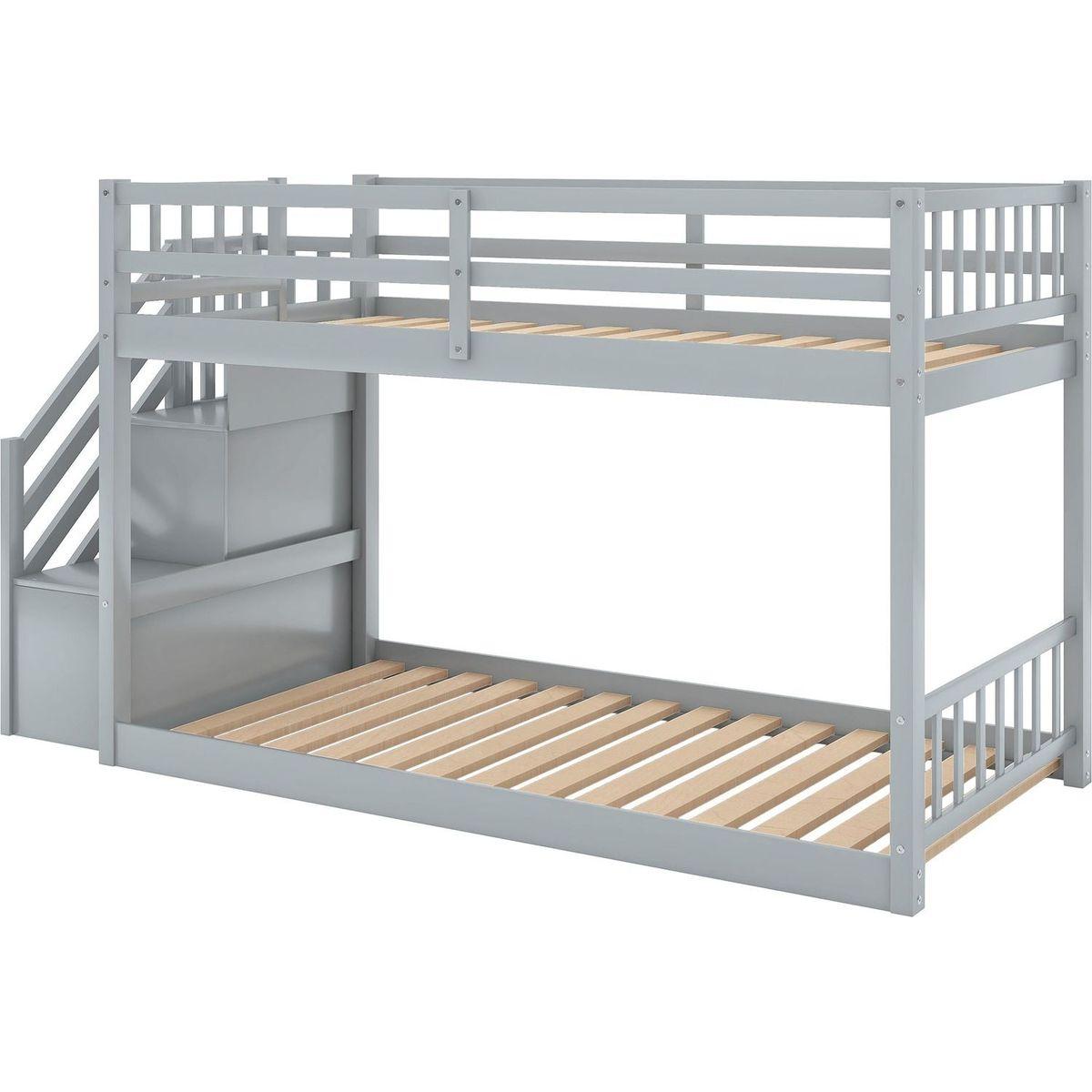 Twin over Twin Floor Bunk Bed, Ladder with Storage, Gray - Streamdale Furniture