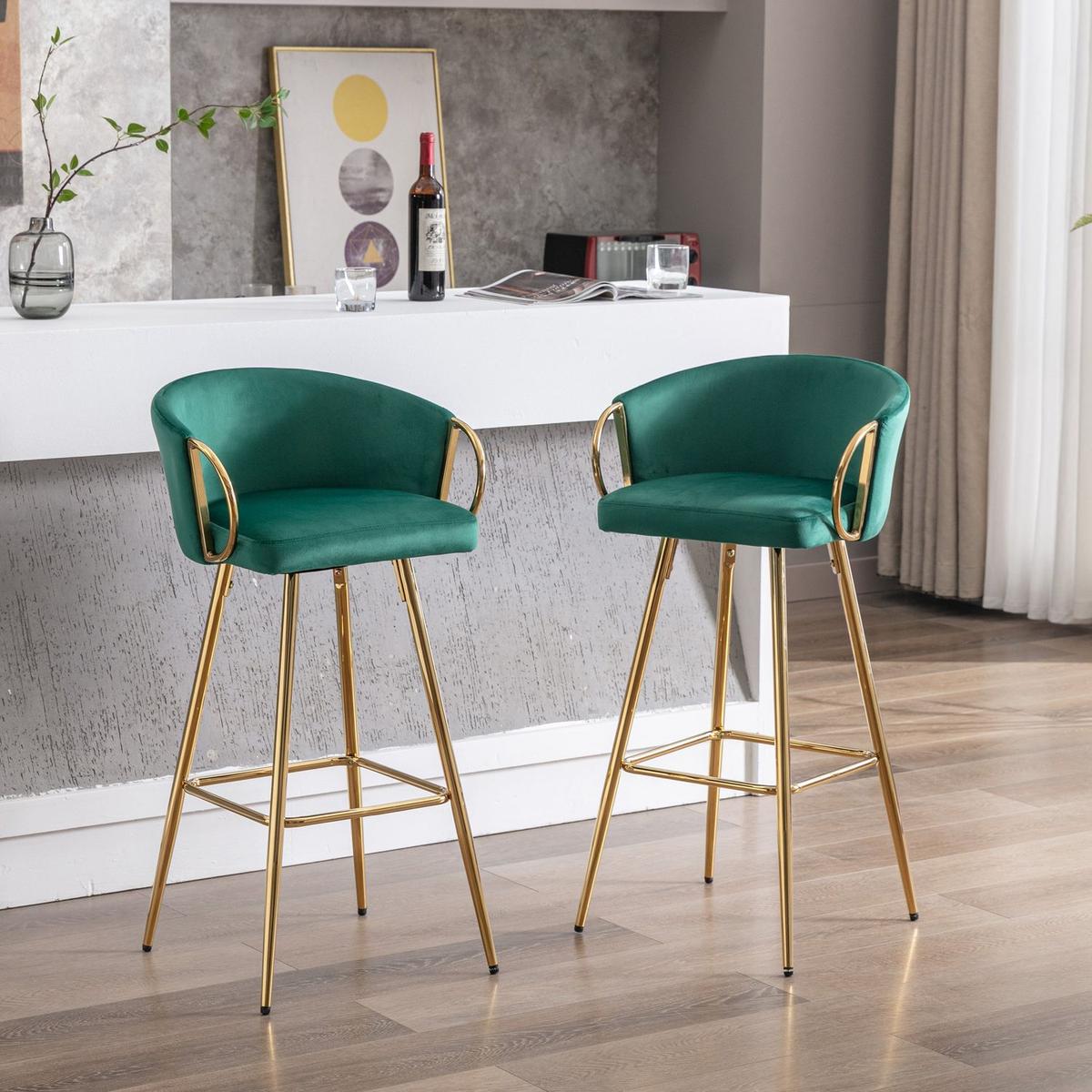 26 Inch Set of 2 Bar Stools, with Chrome Footrest and Base Velvet + Golden Leg Simple Bar Stool, GREEN