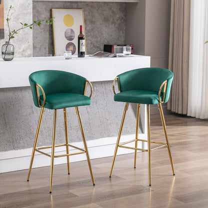 26 Inch Set of 2 Bar Stools, with Chrome Footrest and Base Velvet + Golden Leg Simple Bar Stool, GREEN
