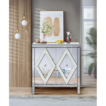 Storage Cabinet with Mirror Trim and Diamond Shape Design, Silver, for Living Room, Dining Room, Entryway, Kitchen