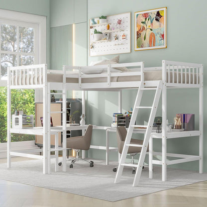 Wood Twin Size L-Shaped Loft Bed with Ladder and 2 Built-in L-Shaped Desks, White