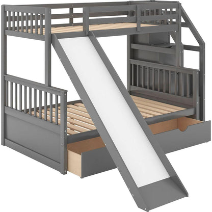 Twin over Full Bunk Bed with Drawers, Storage and Slide, Multifunction, Gray