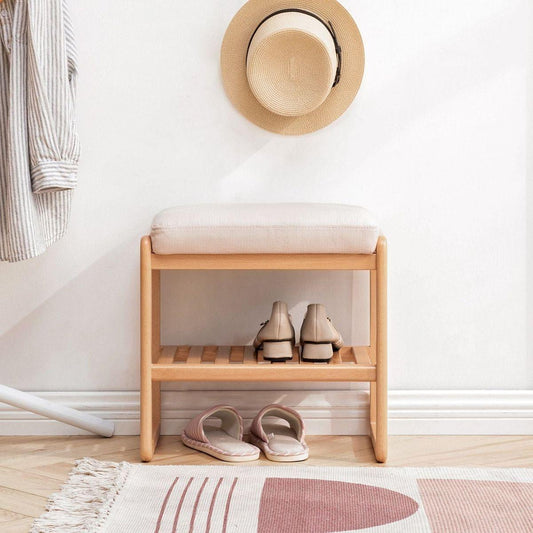 Natural Solid Wood Shoe Bench, Beech Wood Storage Rack Organizer with High Rebound Sponge Cushion - Streamdale Furniture