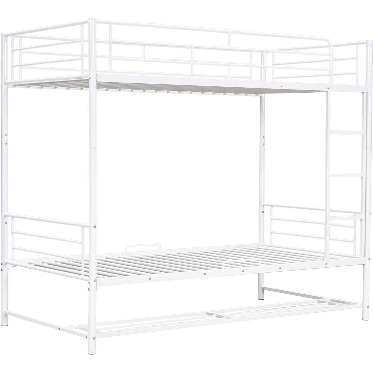Twin Over Twin Metal Bunk Bed with Shelf and Guardrails, White