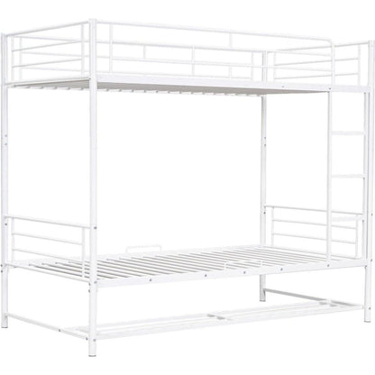 Twin Over Twin Metal Bunk Bed with Shelf and Guardrails, White
