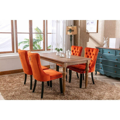 Nikki Collection Modern, High-end Tufted Solid Wood Contemporary Velvet Upholstered Dining Chair with Wood Legs Nailhead Trim 2-Pcs Set, Orange