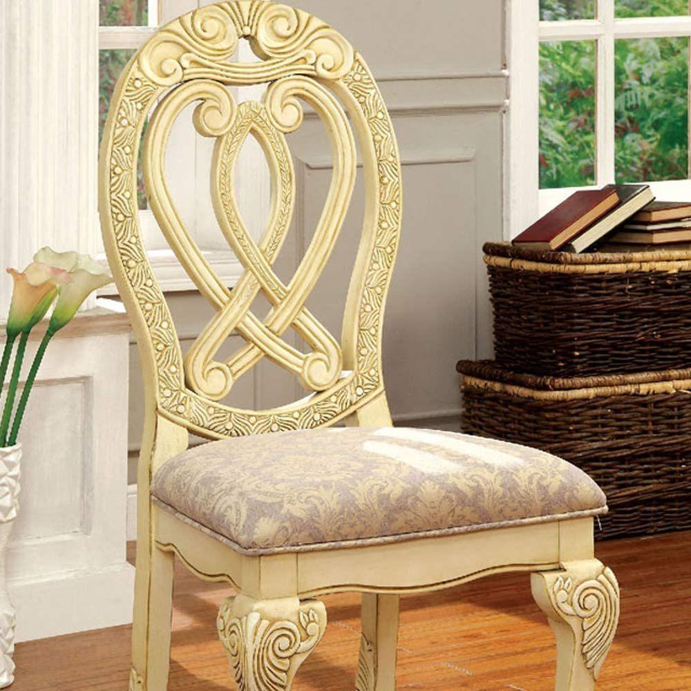 Formal Majestic Traditional Dining Chairs Vintage White Solid wood Fabric Seat Intricate Carved Details Set of 2 Side Chairs