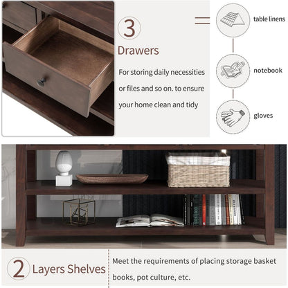Retro Design Console Table with Two Open Shelves, Pine Solid Wood Frame and Legs for Living Room (Espresso)