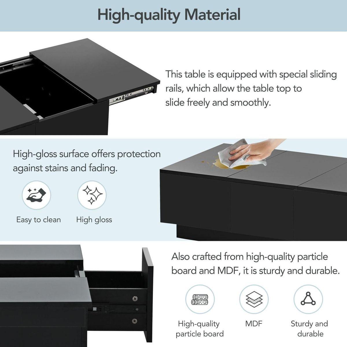 Multifunctional Coffee Table with 2 large Hidden Storage Compartment, Extendable Cocktail Table with 2 Drawers, High-gloss Center Table with Sliding Top for Living Room, 39.3"x21.6", Black