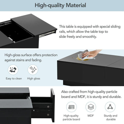 Multifunctional Coffee Table with 2 large Hidden Storage Compartment, Extendable Cocktail Table with 2 Drawers, High-gloss Center Table with Sliding Top for Living Room, 39.3"x21.6", Black