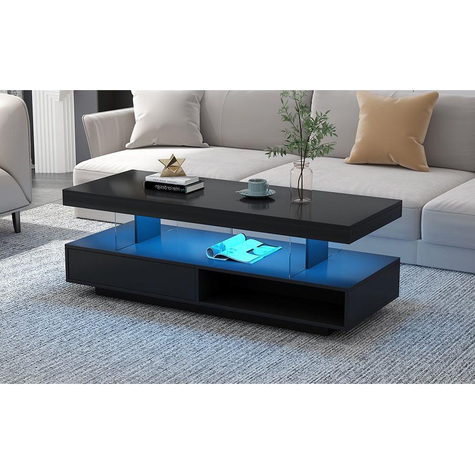 LED Coffee Table with Storage, Modern Center Table with 2 Drawers and Display Shelves, Accent Furniture with LED Lights for Living Room,Black