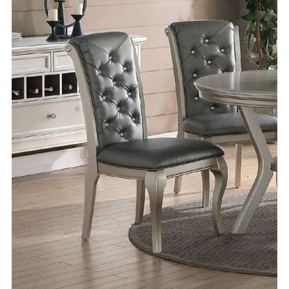 Luxury Antique Silver Wooden Set of 2 Dining Side Chairs Grey Faux Leather / PU Tufted Upholstered Cushion Chairs