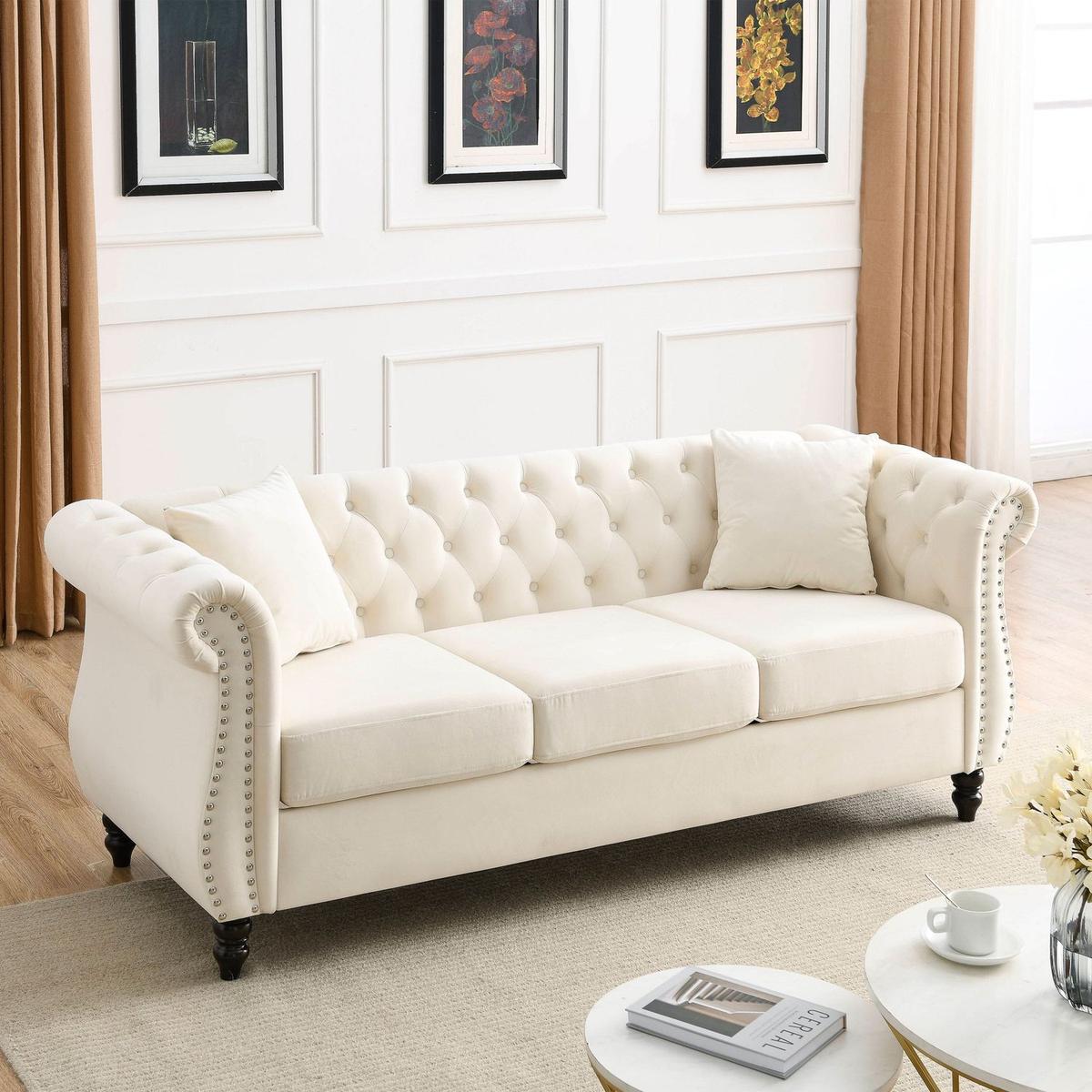 80" Chesterfield Sofa Beige Velvet for Living Room, 3 Seater Sofa Tufted Couch with Rolled Arms and Nailhead for Living Room, Bedroom, Office, Apartment, two pillows