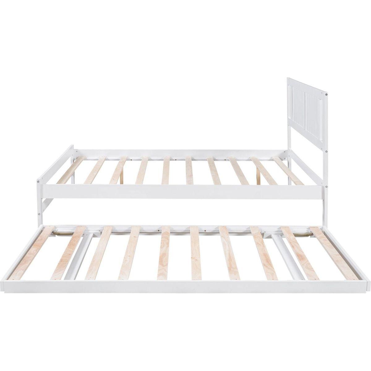 Full Size Platform Bed with Adjustable Trundle, White