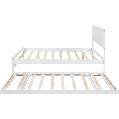 Full Size Platform Bed with Adjustable Trundle, White