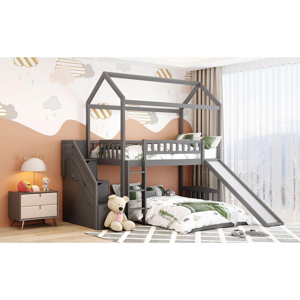 Twin Over Twin Bunk Bed with Two Drawers and Slide, House Bed with Slide, White