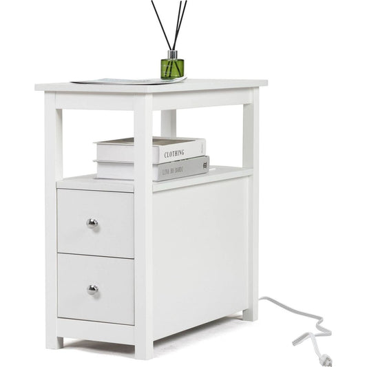 End Table with Charging Station, Narrow Sofa Side Table, Wooden Nightstand, Bedroom Living Room Furniture, White