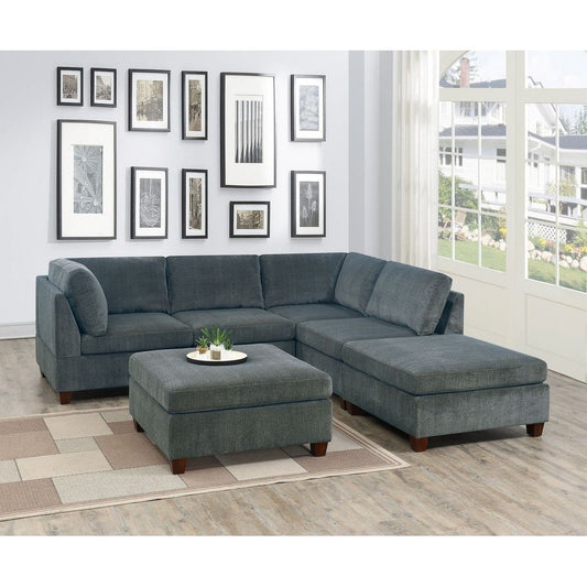 Living Room Furniture Grey Chenille Modular Sectional 6pc Set Corner L-Sectional Modern Couch 2x Corner Wedge 2x Armless Chairs and 2x Ottomans Plywood