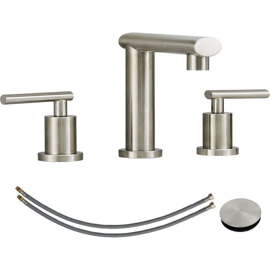 Brushed Nickel Widespread Bathroom Faucet, Waterfall Bathroom Faucets for Sink 3 Hole, 2-Handles Modern Vanity Faucet with Pop Up Drain Assembly and Lead-Free Supply Hose, 8-Inch