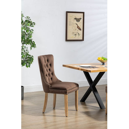 Upholstered Button Tufted Back Brown Velvet Dining Chair with Nailhead Trim and Brushed Solid Wood Legs 2 Sets