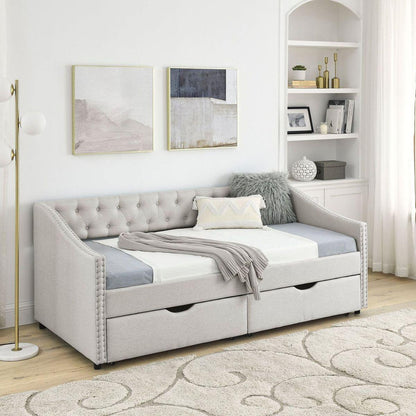 Twin Size Daybed with Drawers Upholstered Tufted Sofa Bed, with Button on Back and Copper Nail on Waved Shape Arms, Beige(81.5"x41"x30.5")