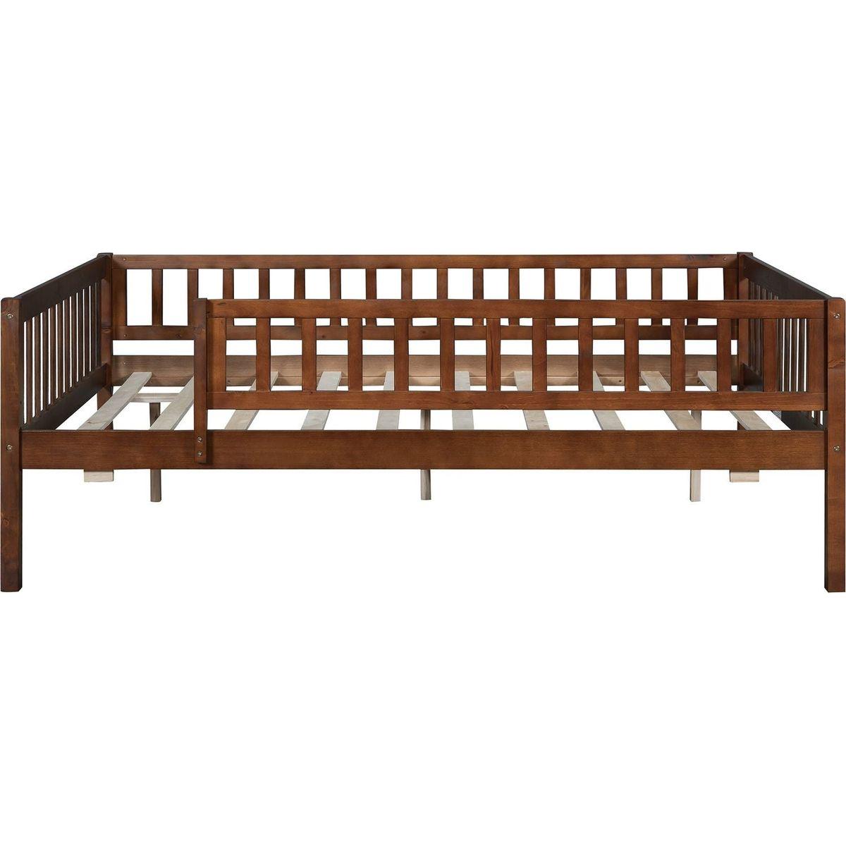 Full Size Wood Daybed with Trundle and Fence Guardrails, Walnut