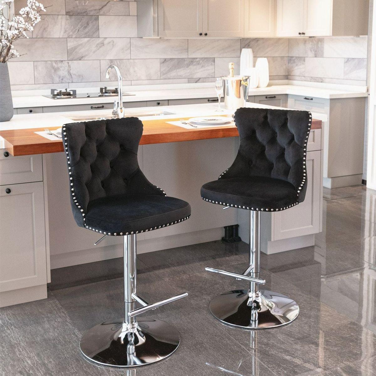 Swivel Velvet Barstools Adjusatble Seat Height from 25-33 Inch, Modern Upholstered Chrome base Bar Stools with Backs Comfortable Tufted for Home Pub and Kitchen Islandlack, Set of 2) - Streamdale Furniture