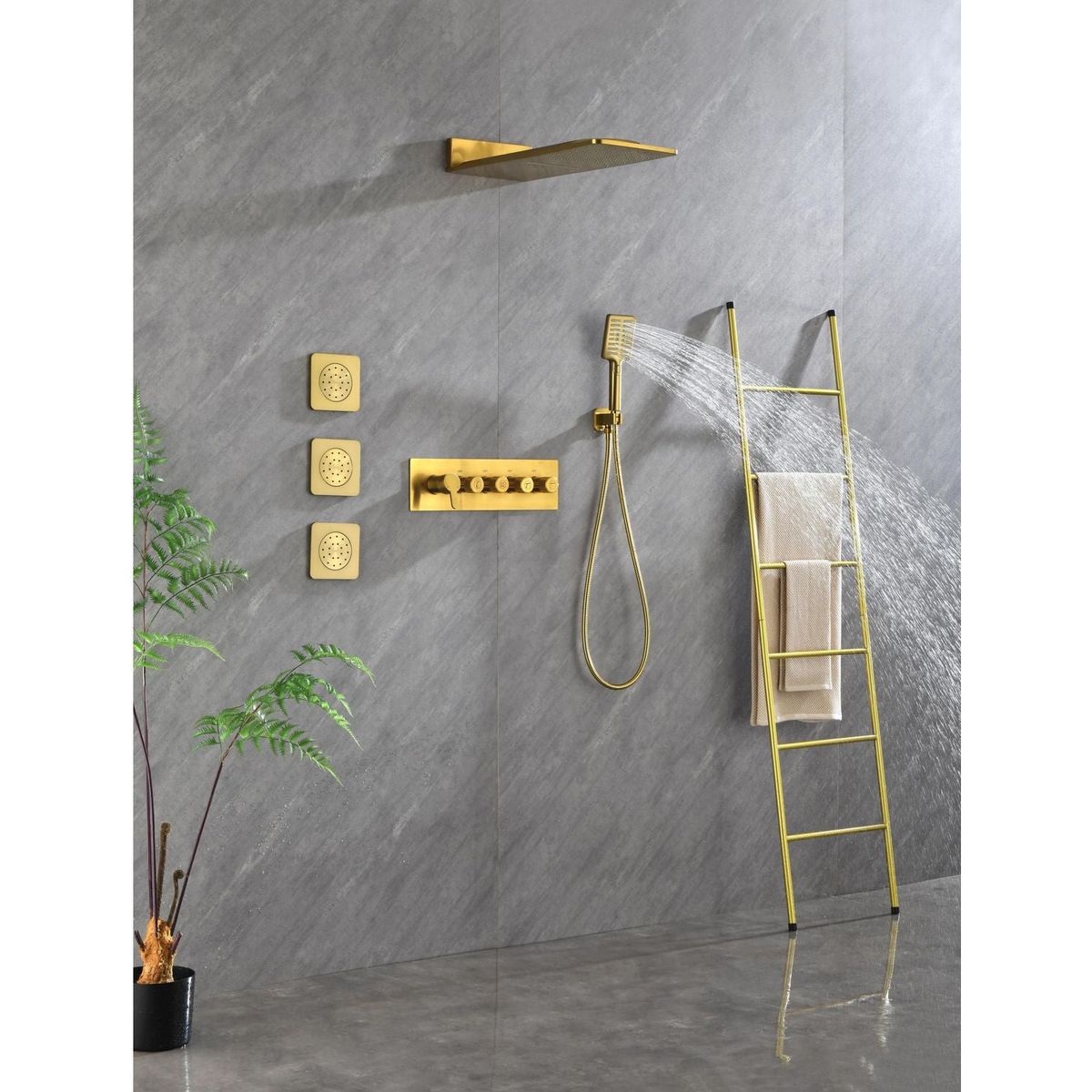 Wall Mounted Waterfall Rain Shower System With 3 Body Sprays & Handheld Shower